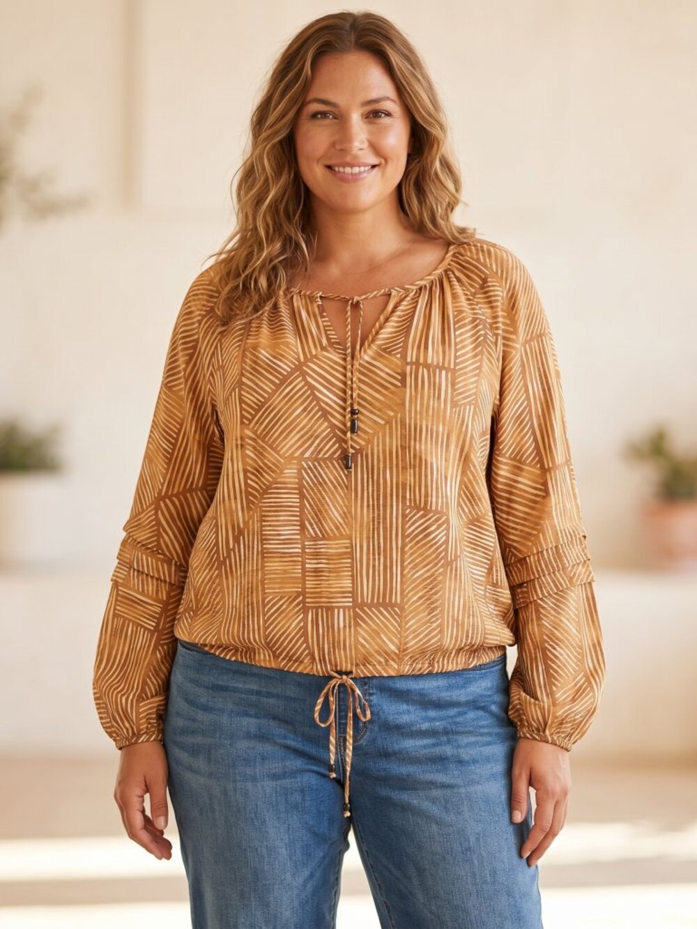 Time Tru Peasant Abstract Top‎ LS Brown Tan Boho Earthy Whimsigoth Tie Neck XXL